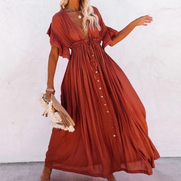 SOLD OUT Red Gauze Boho Button Maxi Coverup Dress - Picture 3 of 10